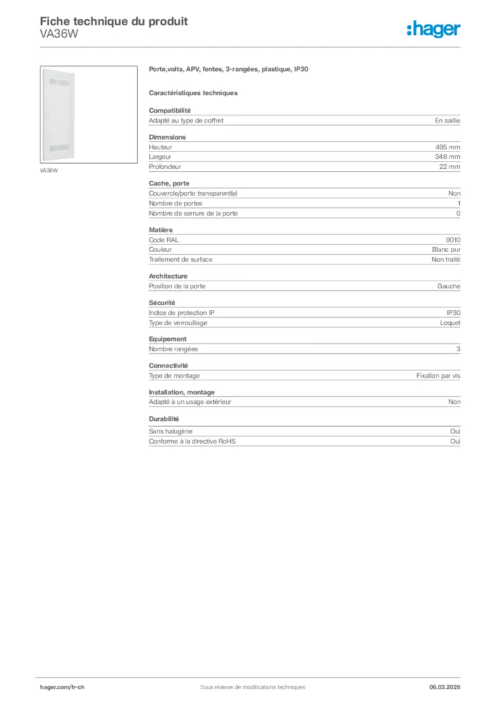 Image Hager Fiche technique du produit VA36W | Hager Suisse