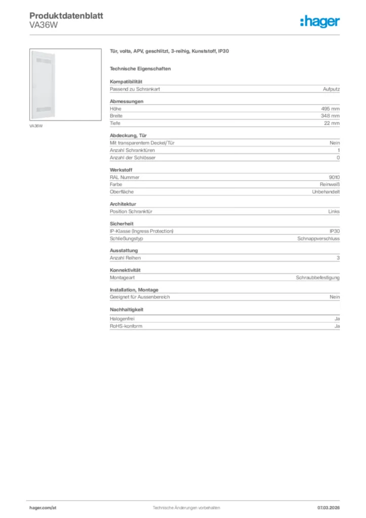 Bild Hager Produktdatenblatt VA36W | Hager Deutschland
