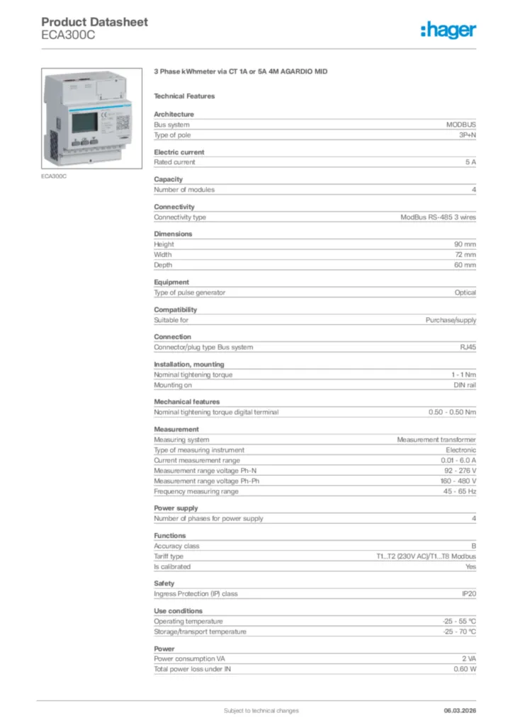Image Hager Product data sheet ECA300C  | Hager Africa