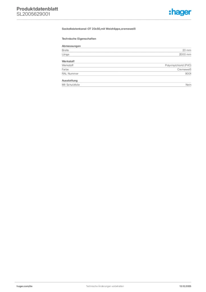 Bild Hager Produktdatenblatt SL2005629001 | Hager Deutschland