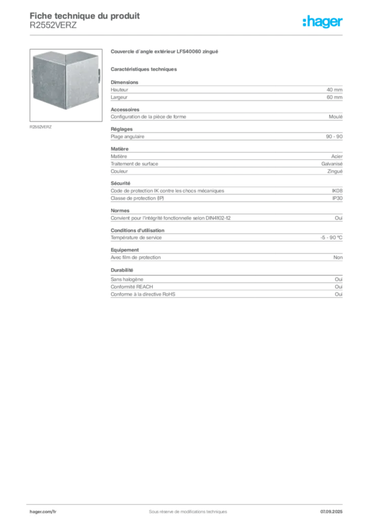 Image Hager Fiche technique du produit R2552VERZ | Hager France