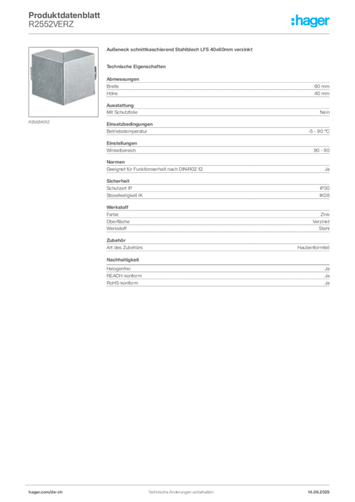 Bild Hager Produktdatenblatt R2552VERZ | Hager Schweiz