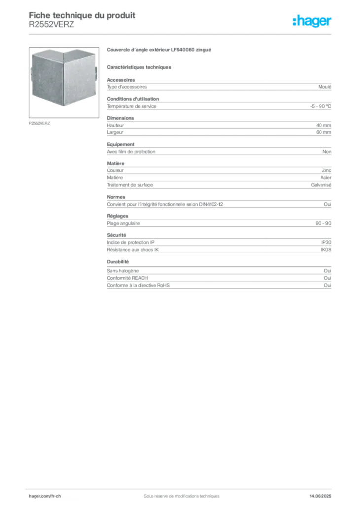 Image Hager Fiche technique du produit R2552VERZ | Hager Suisse