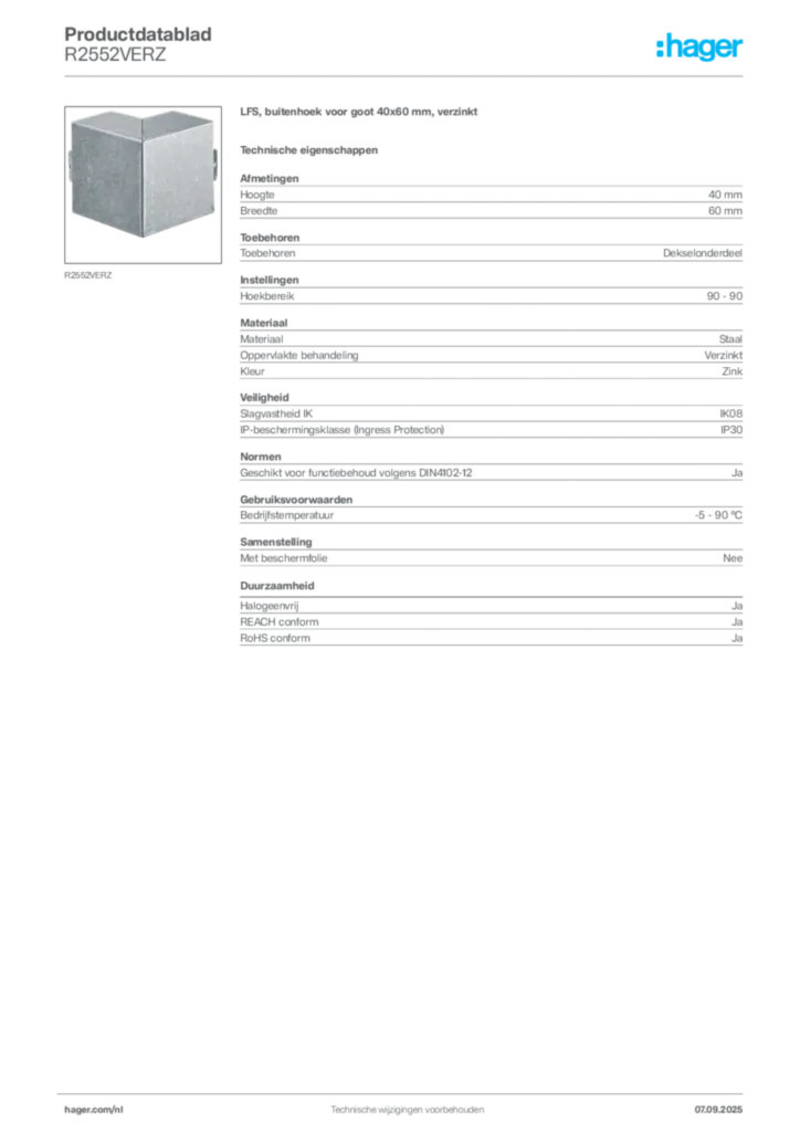 Afbeelding Hager Productdatablad R2552VERZ | Hager Nederland