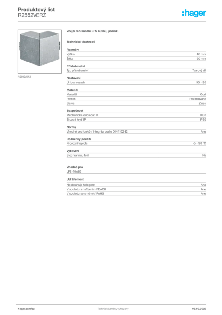 Obrázek Hager Produktový list R2552VERZ | Hager