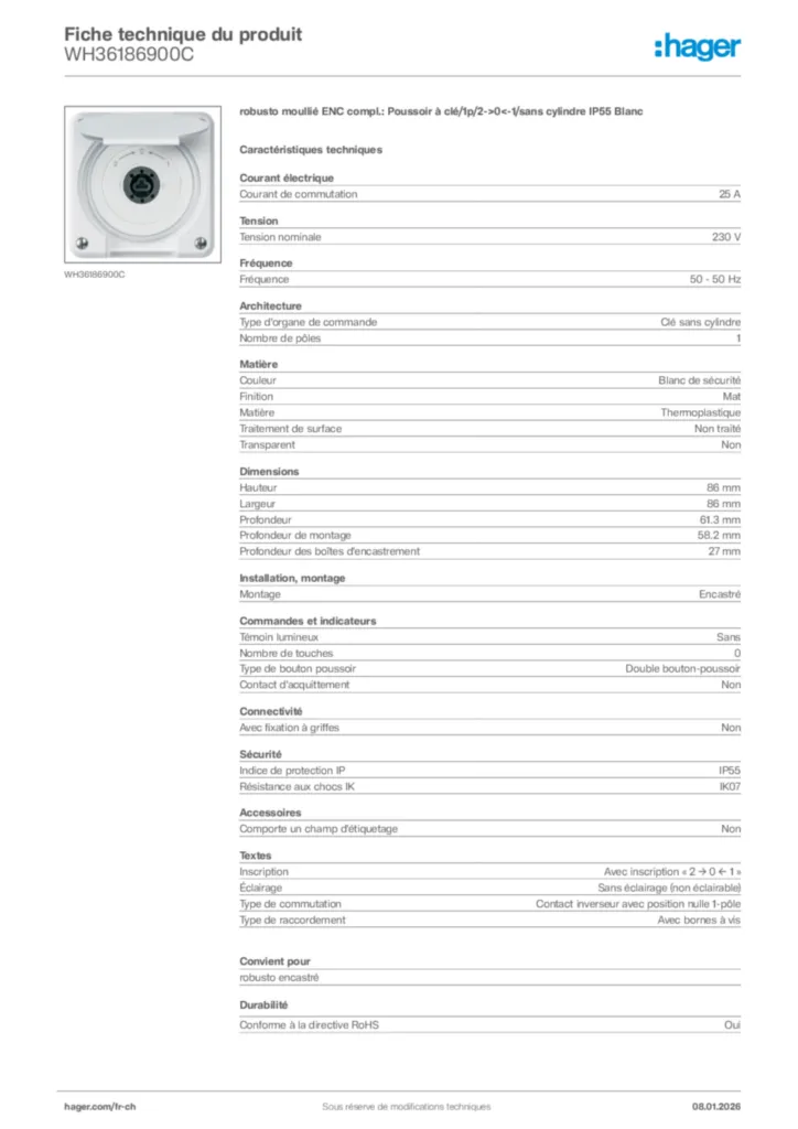 Image Hager Fiche technique du produit WH36186900C | Hager Suisse