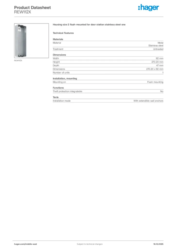 Image Hager Product data sheet REW112X  | Hager