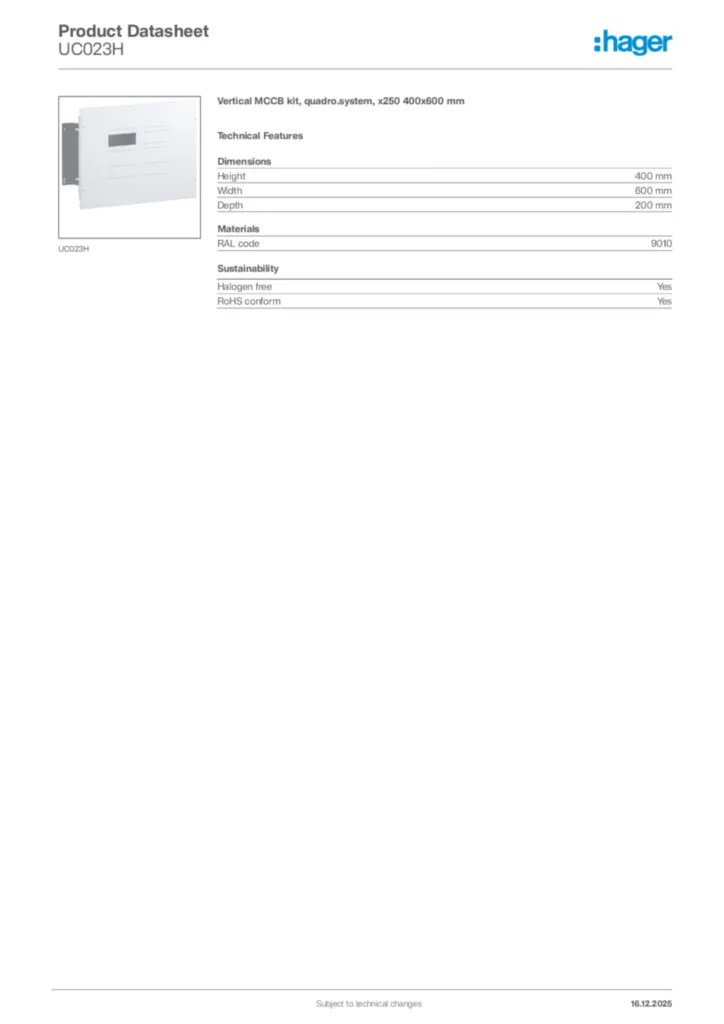 Image Hager Product data sheet UC023H  | Hager Africa