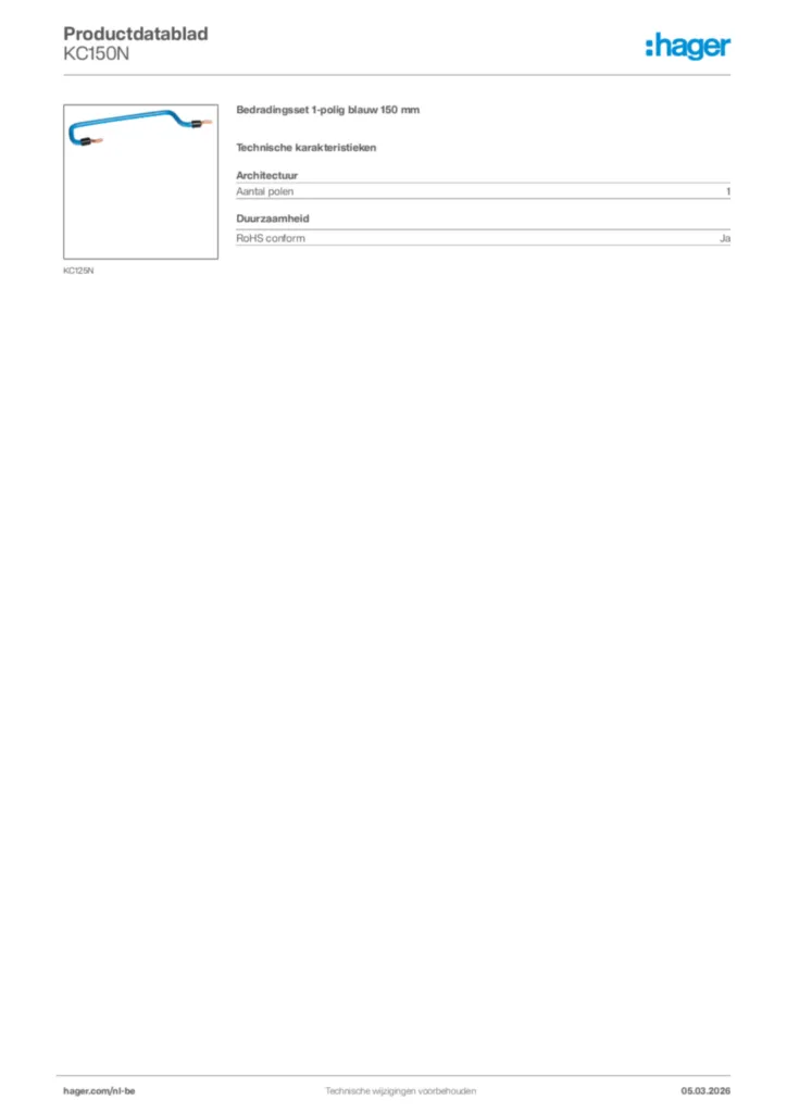 Afbeelding Hager Productdatablad KC150N | Hager Belgium