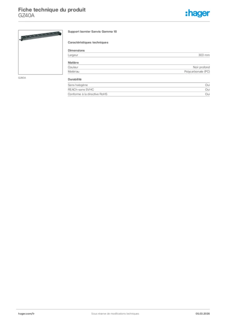 Image Hager Fiche technique du produit GZ40A | Hager France