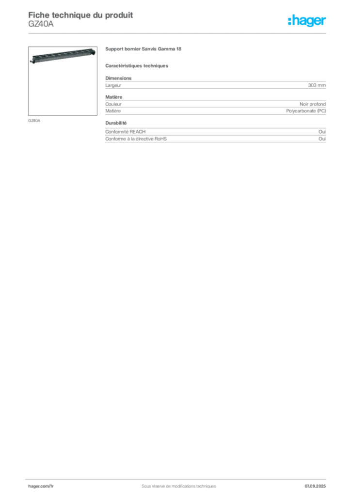 Image Hager Fiche technique du produit GZ40A | Hager France