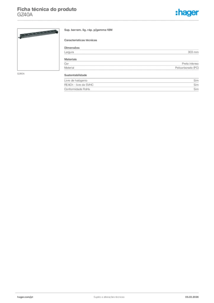 Imagem Hager Ficha técnica do produto GZ40A | Hager Portugal