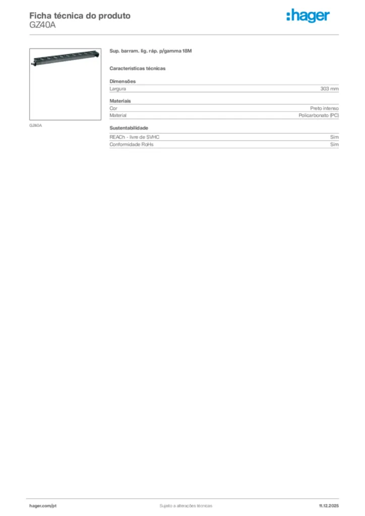 Imagem Hager Ficha técnica do produto GZ40A | Hager Portugal