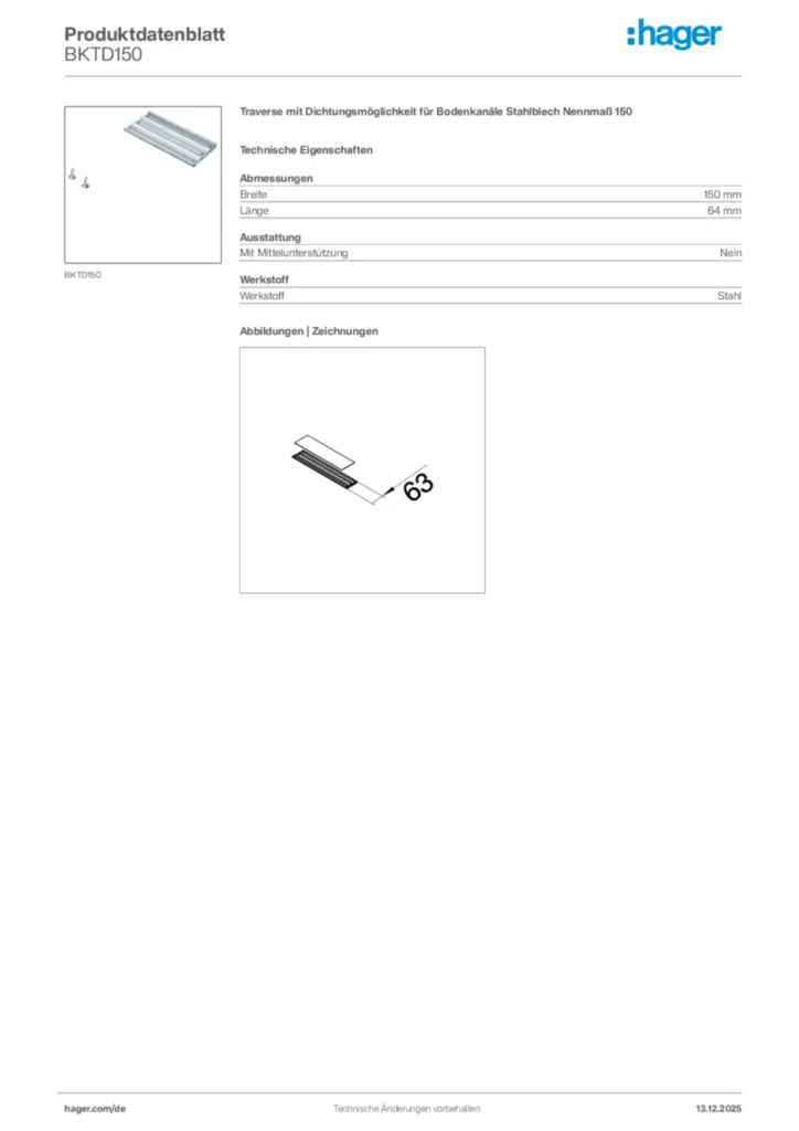 Bild Hager Produktdatenblatt BKTD150 | Hager Deutschland