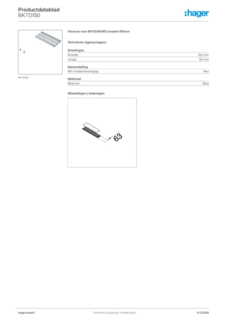 Afbeelding Hager Productdatablad BKTD150 | Hager Nederland