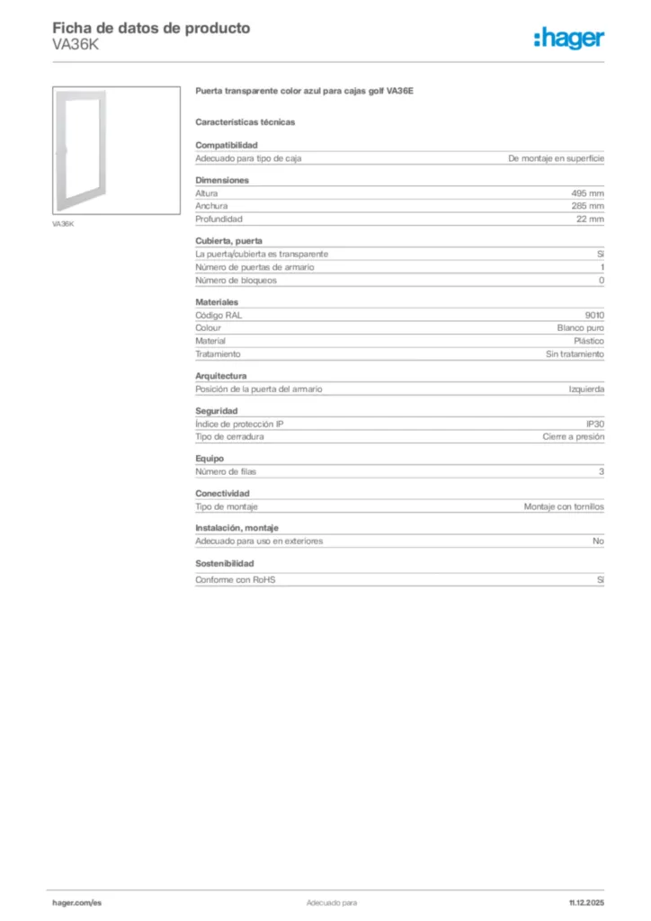 Imagen Hager Ficha de datos de producto VA36K | Hager España