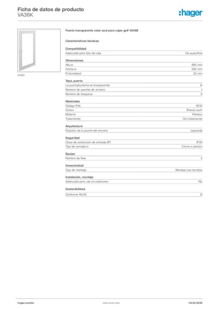 Imagen Hager Ficha de datos de producto VA36K | Hager España