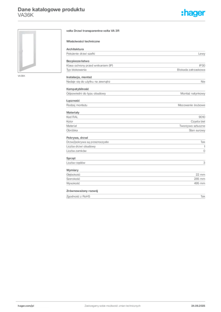 Zdjęcie Hager Karta katalogowa VA36K | Hager Polska