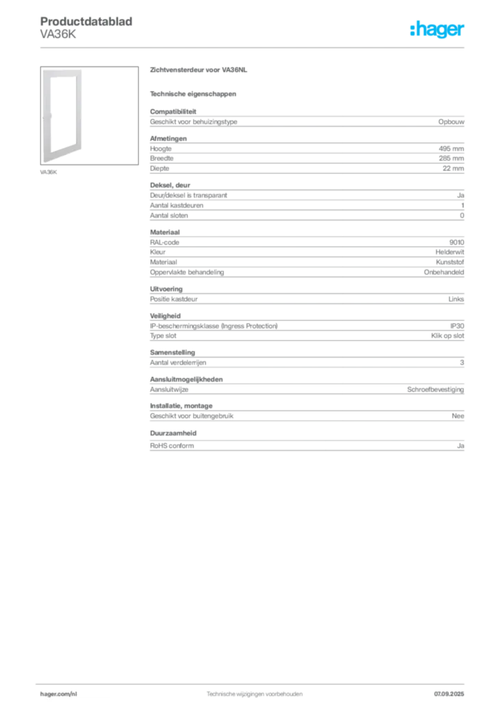 Afbeelding Hager Productdatablad VA36K | Hager Nederland