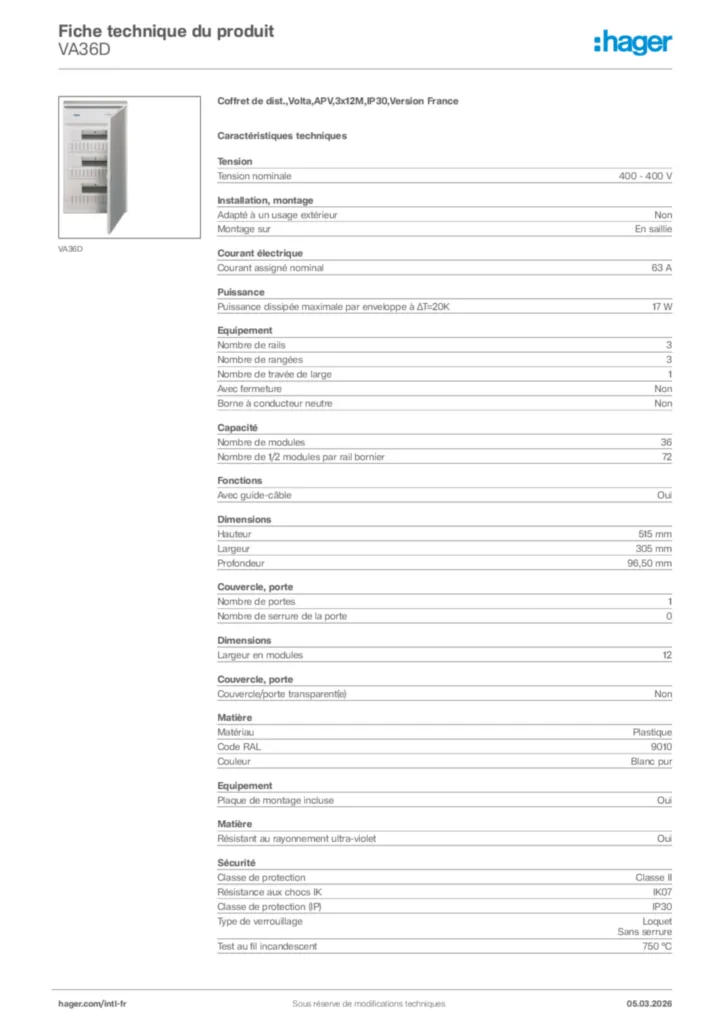Image Hager Fiche technique du produit VA36D | Hager Afrique