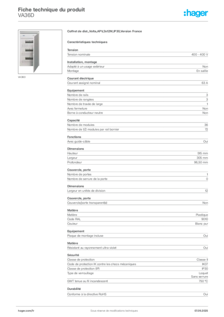 Image Hager Fiche technique du produit VA36D | Hager France