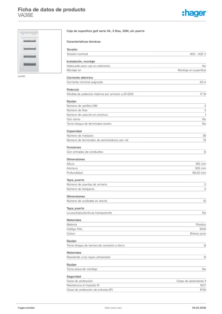Imagen Hager Ficha de datos de producto VA36E | Hager España