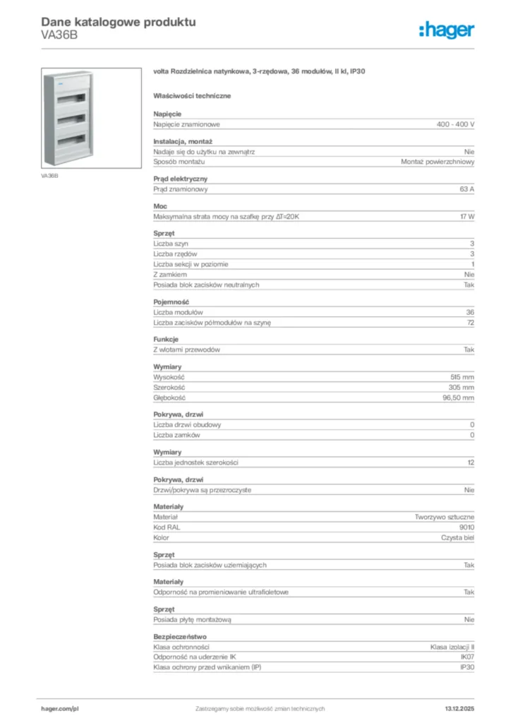 Zdjęcie Hager Karta katalogowa VA36B | Hager Polska