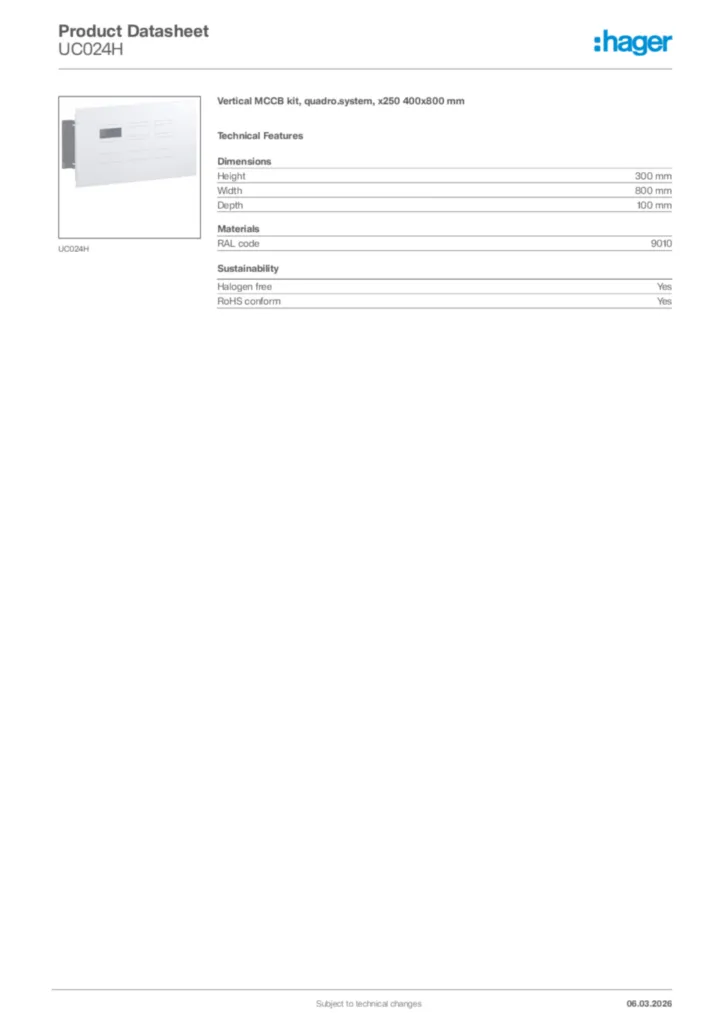 Image Hager Product data sheet UC024H  | Hager Africa