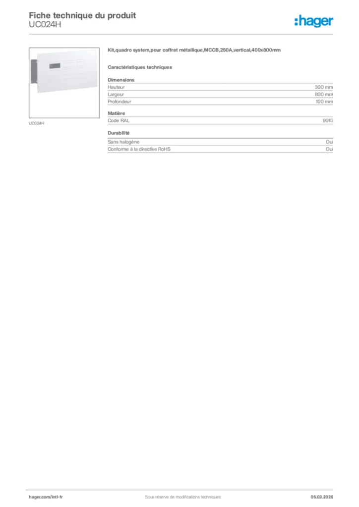 Image Hager Fiche technique du produit UC024H | Hager Afrique