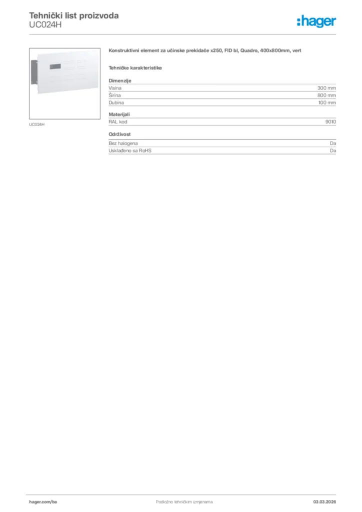 Slika Hager Tehnički list proizvoda UC024H  | Hager