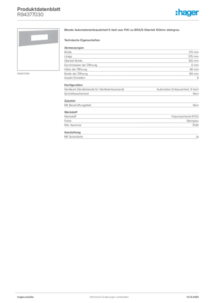 Bild Hager Produktdatenblatt R94377030 | Hager Deutschland