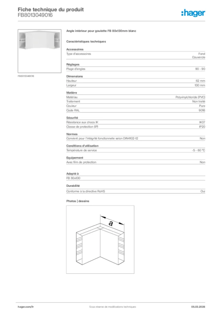 Image Hager Fiche technique du produit FB8013049016 | Hager France