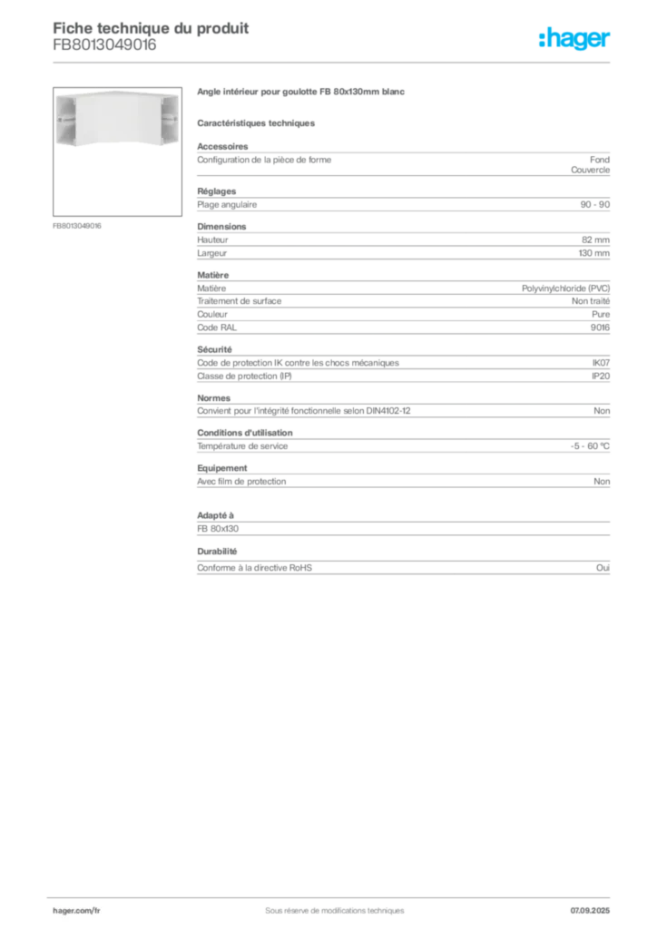 Image Hager Fiche technique du produit FB8013049016 | Hager France