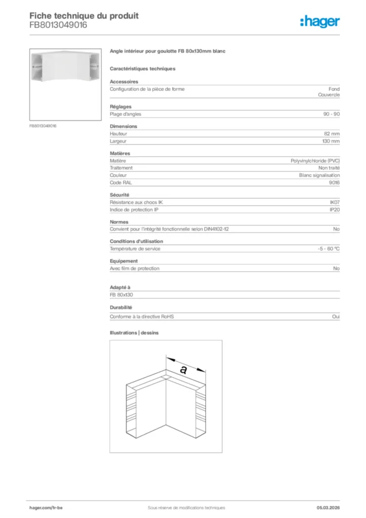 Image Hager Fiche technique du produit FB8013049016 | Hager Belgique