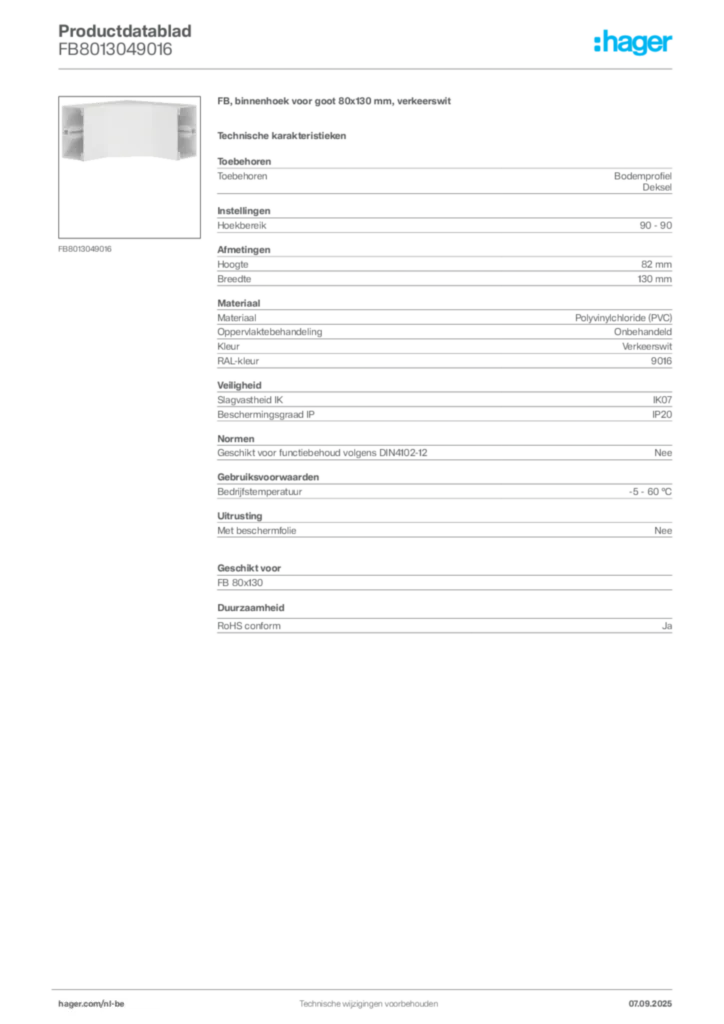 Afbeelding Hager Productdatablad FB8013049016 | Hager Belgium