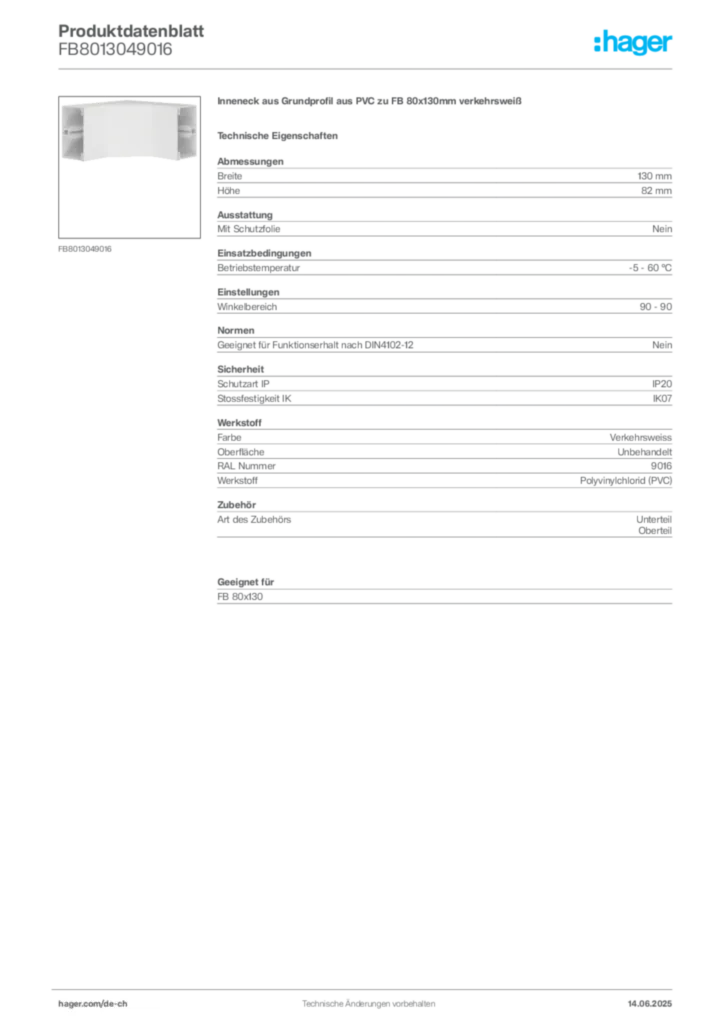 Bild Hager Produktdatenblatt FB8013049016 | Hager Schweiz