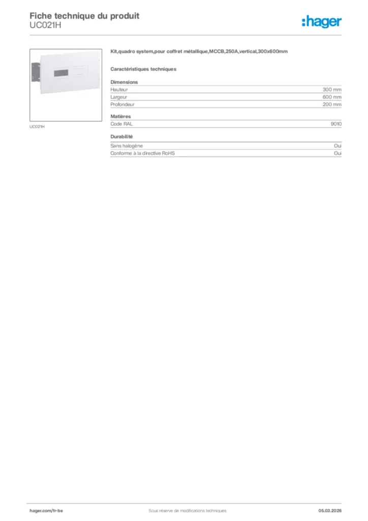 Image Hager Fiche technique du produit UC021H | Hager Belgique