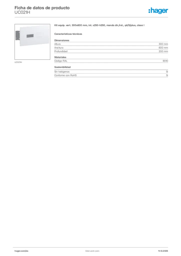 Imagen Hager Ficha de datos de producto UC021H | Hager España