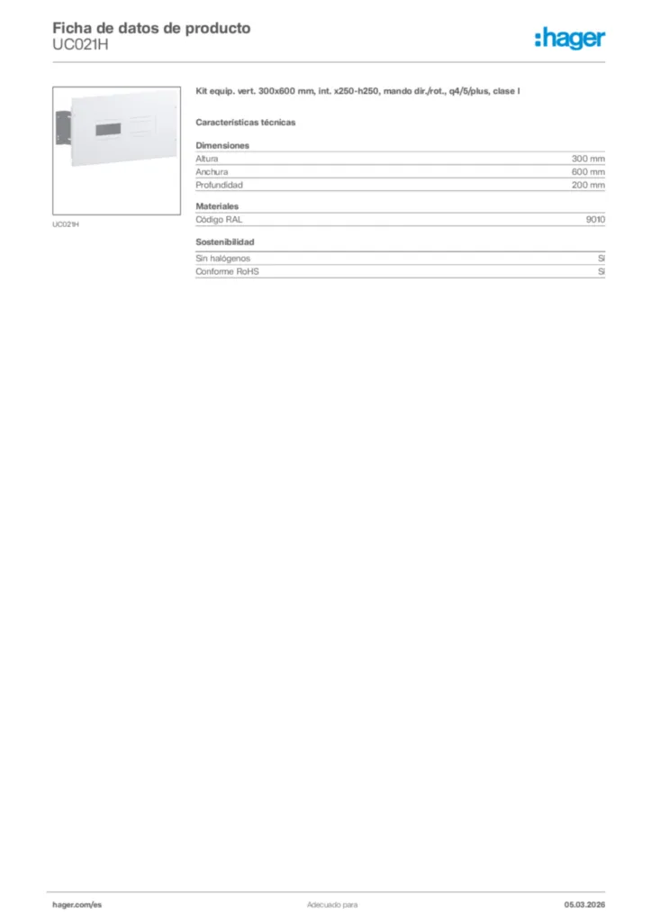 Imagen Hager Ficha de datos de producto UC021H | Hager España
