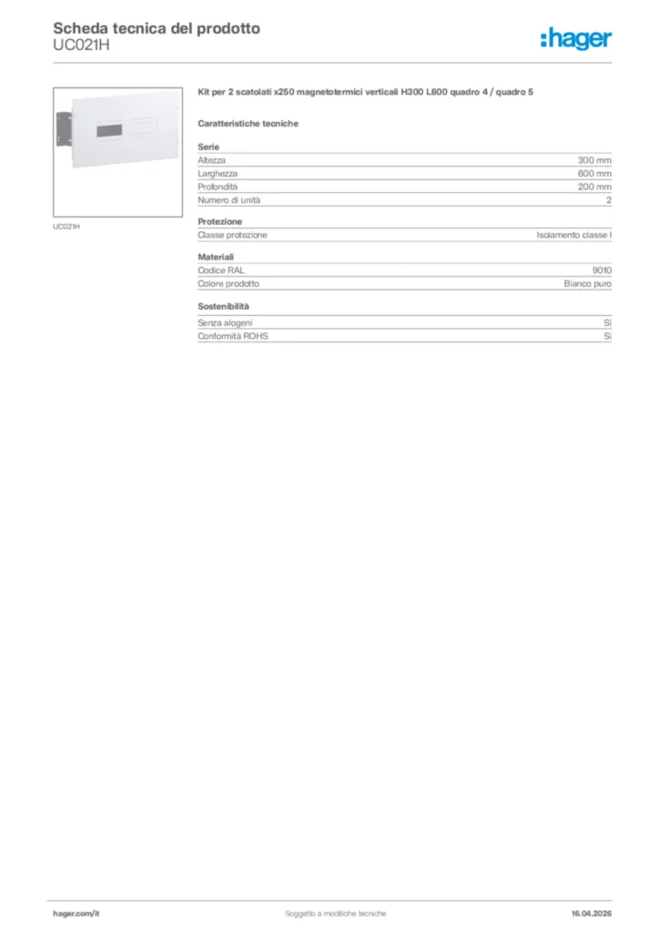 Immagine Hager Scheda tecnica del prodotto UC021H | Hager Italia