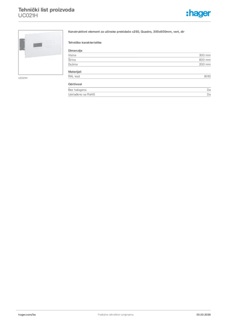 Slika Hager Tehnički list proizvoda UC021H  | Hager