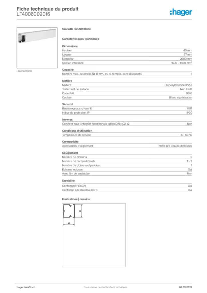 Image Hager Fiche technique du produit LF4006009016 | Hager Suisse