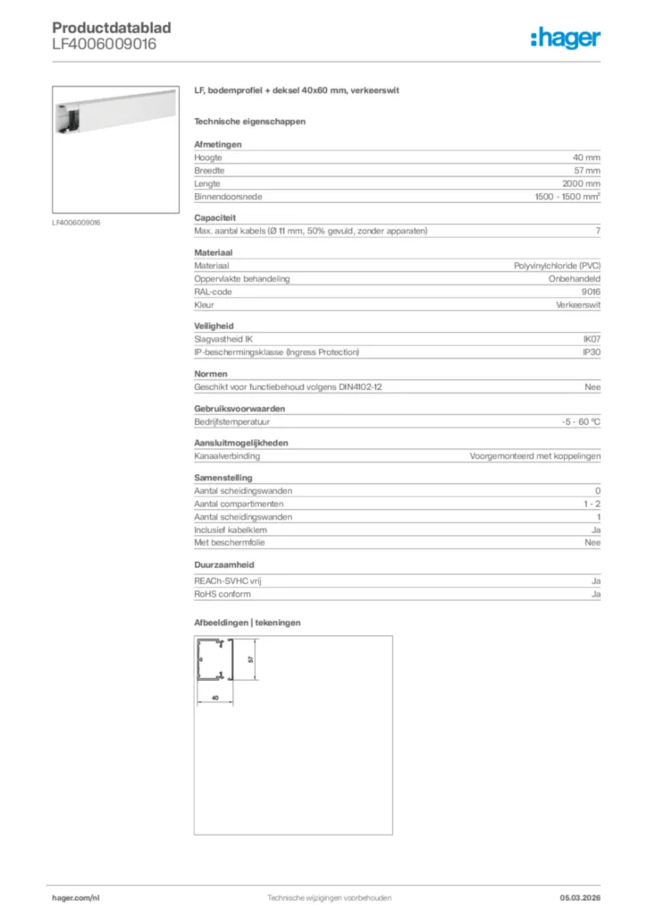 Afbeelding Hager Productdatablad LF4006009016 | Hager Nederland