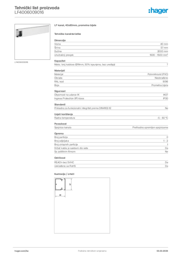 Slika Hager Tehnički list proizvoda LF4006009016  | Hager