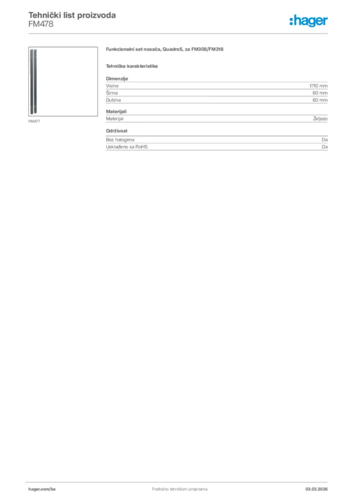 Slika Hager Tehnički list proizvoda FM478  | Hager
