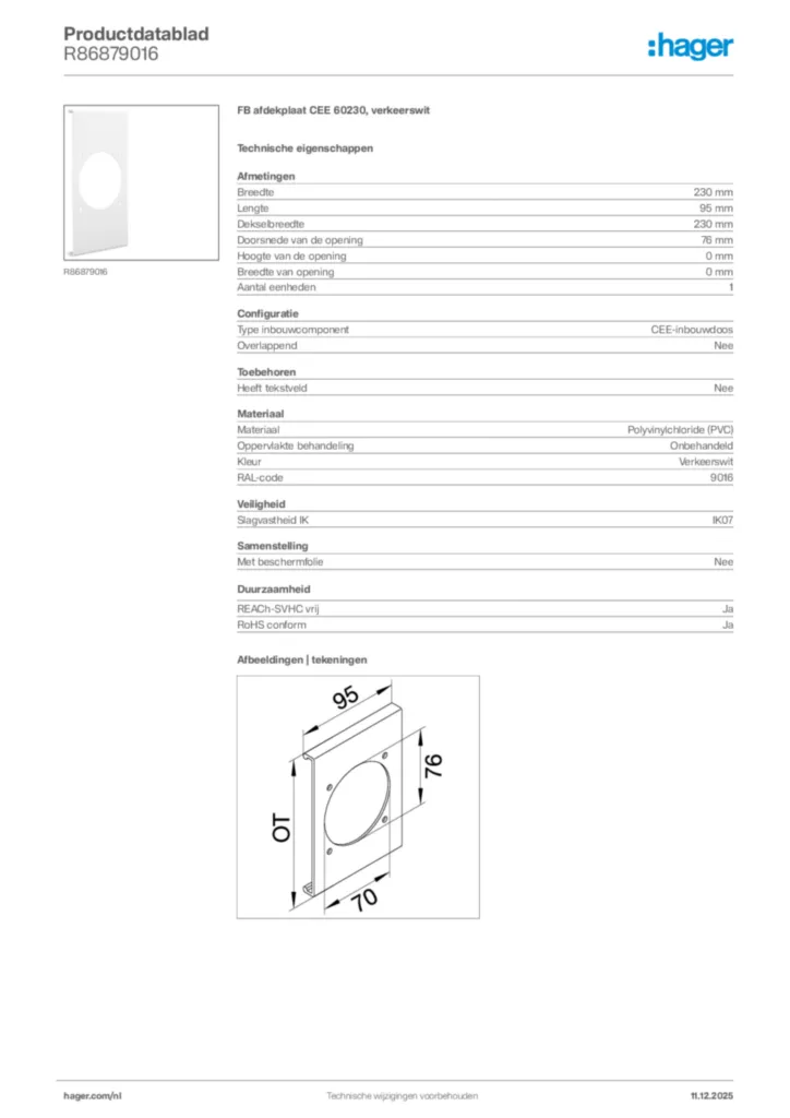 Afbeelding Hager Productdatablad R86879016 | Hager Nederland