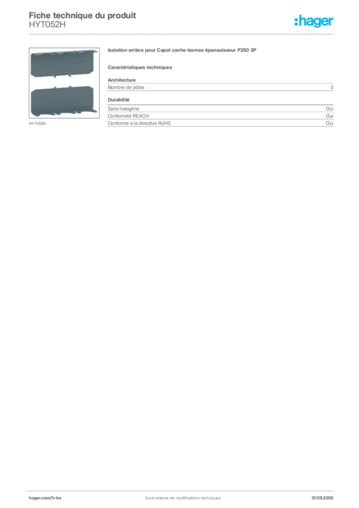 Image Hager Fiche technique du produit HYT052H | Hager Belgique