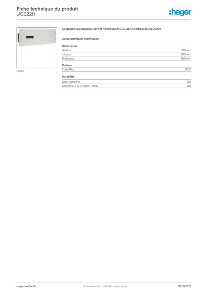 Image Hager Fiche technique du produit UC022H | Hager Afrique