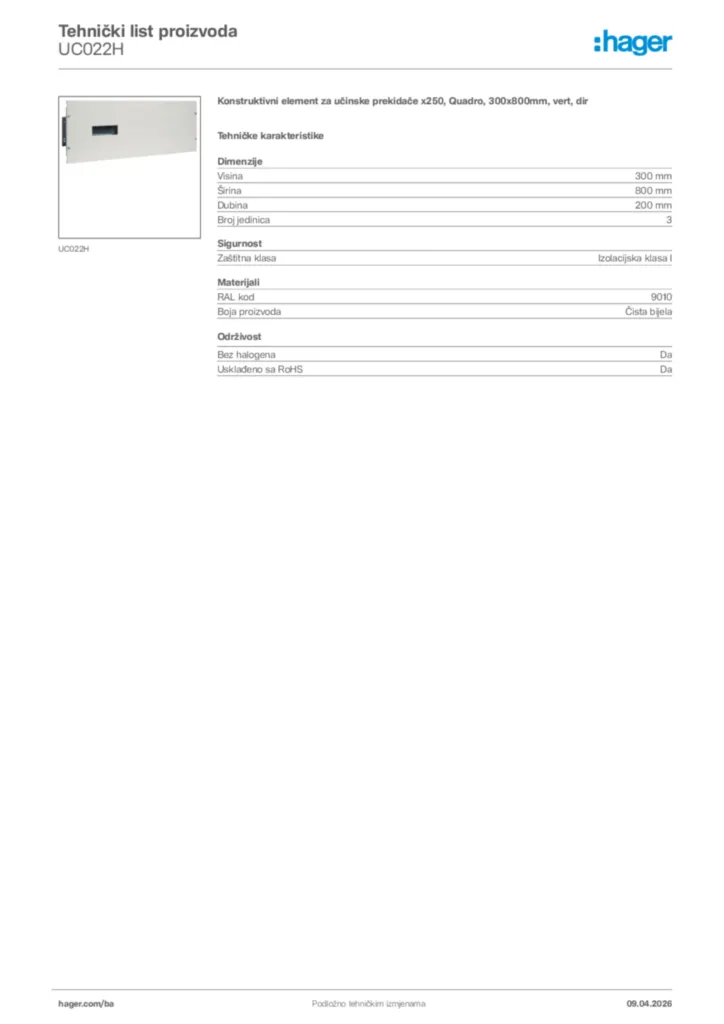 Slika Hager Tehnički list proizvoda UC022H  | Hager
