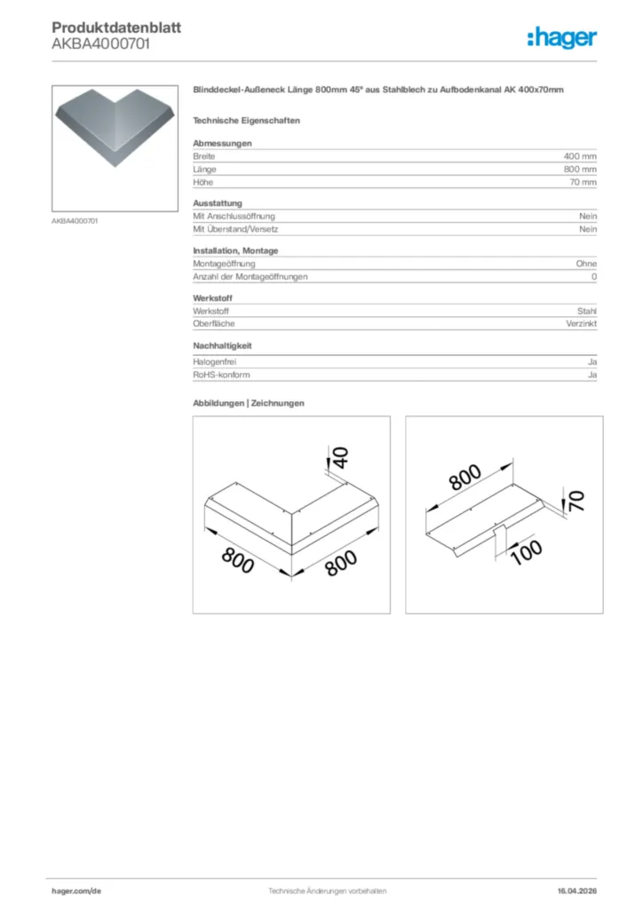 Bild Hager Produktdatenblatt AKBA4000701 | Hager Deutschland